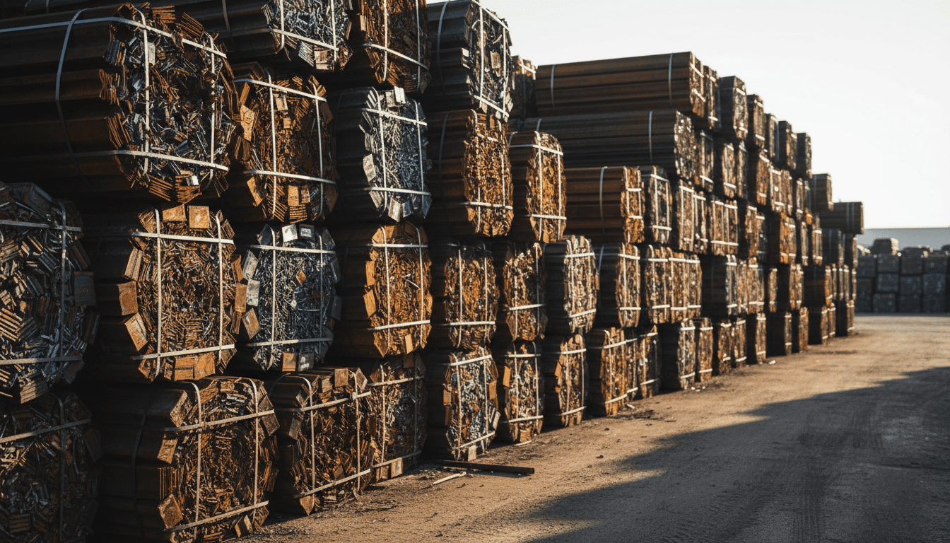 metal building components stacked at warehouse with labels and packaging
