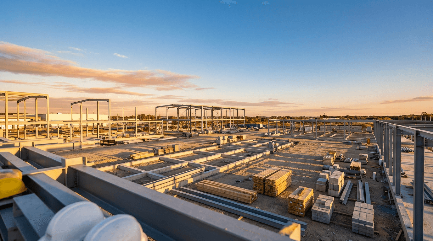 aerial view of steel building construction site with foundation and steel frame