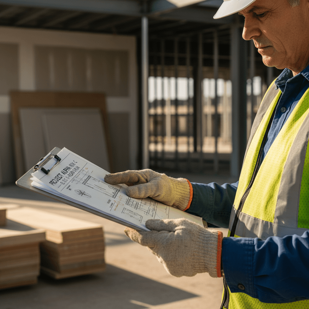 professional builder in hard hat reviewing plans with customer at metal building site