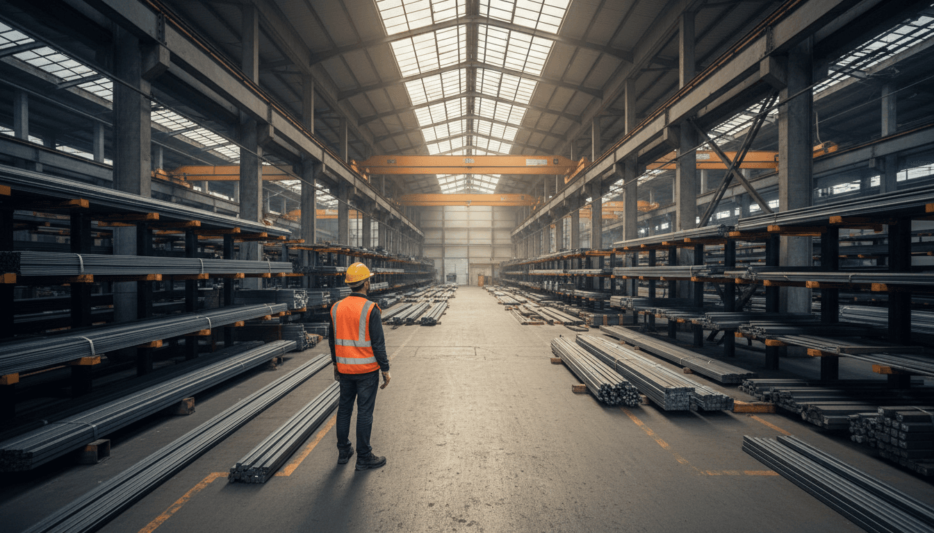 Warehouse interior with stacked metal building components